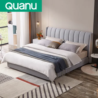105207 Quanu Lit double en tissu gris de luxe confortable et rembourré de style moderne