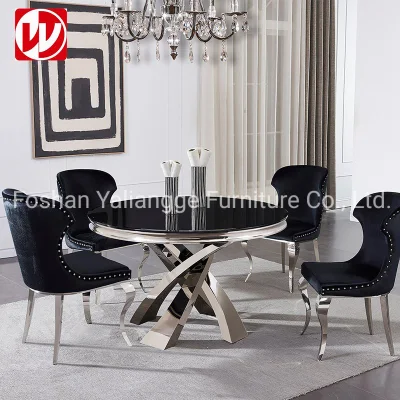 Table à manger ronde en acier inoxydable en verre noir de meubles de salle à manger de conception élégante avec des chaises de salle à manger de banquet