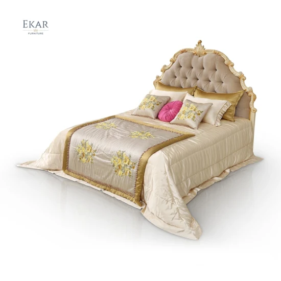 Ensemble de meubles de chambre à coucher Antique de luxe lit King Size en bois tête de lit en tissu sculpté à la main cadre de lit en bois massif