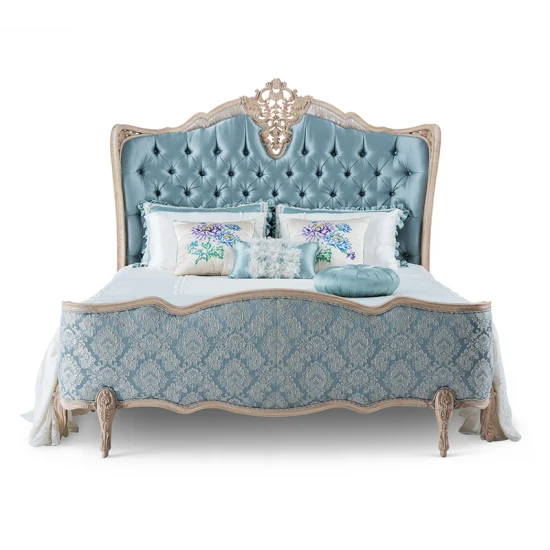 Meubles de chambre à coucher antiques français Soild frêne bois sculpté rembourré tissu bleu King Size cadre de lit de mariage Royal