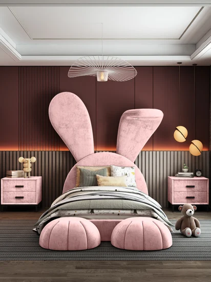 Nova rose lapin Design dessin animé enfants chambre de luxe enfants chambre meubles tissu filles lits rembourrés