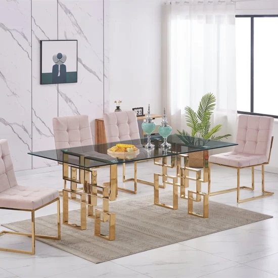 Vente en gros prix d'usine chinois Style moderne loisirs salle à manger meubles Rectangle lumière luxe verre trempé Table à manger personnalisation de base
