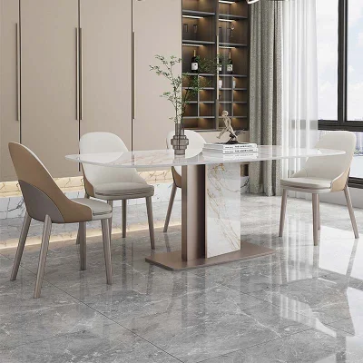 Table à manger rectangulaire de cuisine de restaurant de jambe en pierre en acier de conception simple avec des chaises