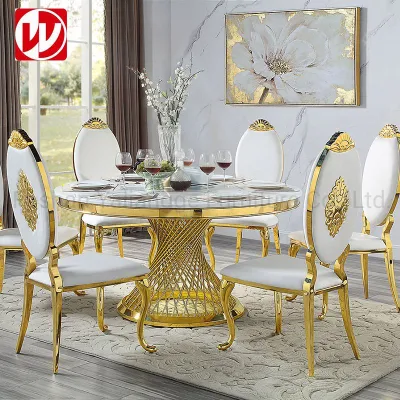 Table à manger en marbre de meubles de salle à manger de conception moderne avec des chaises de banquet en acier inoxydable doré